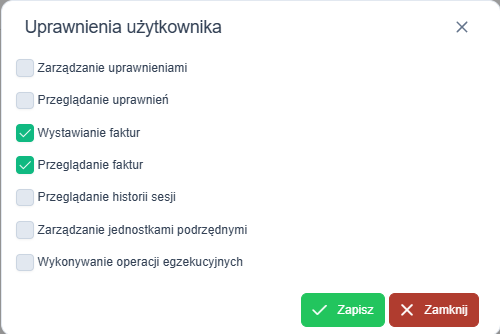 Formularz uprawnień użytkownika